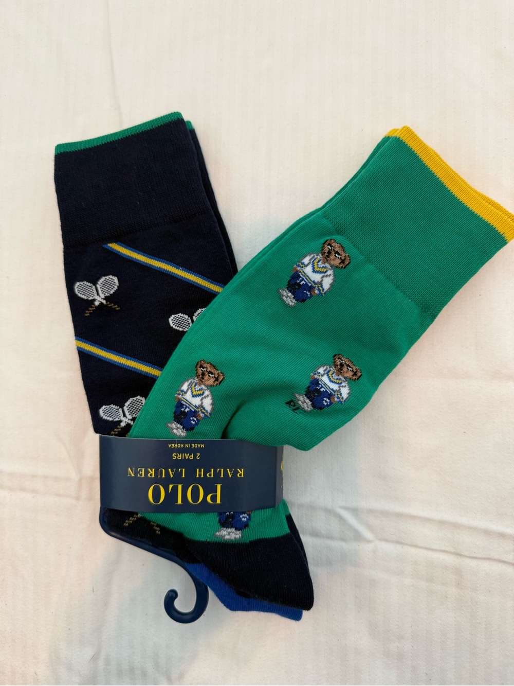 New mens Polo by Ralph Lauren Green & Navy Bear Novelty Crew Socks - 2 Pack